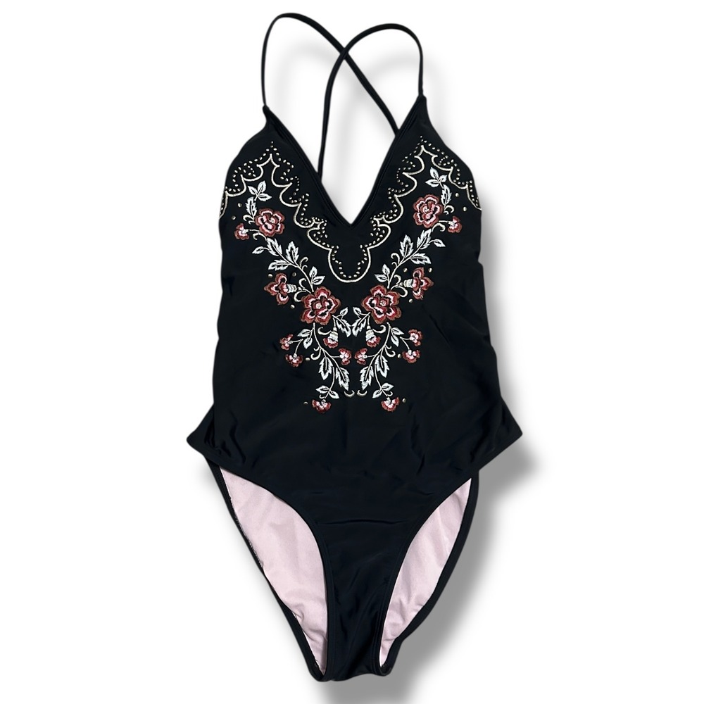 Black Swimsuit Women's S Floral Embroidered Lace Up One Piece Resortwear Beach